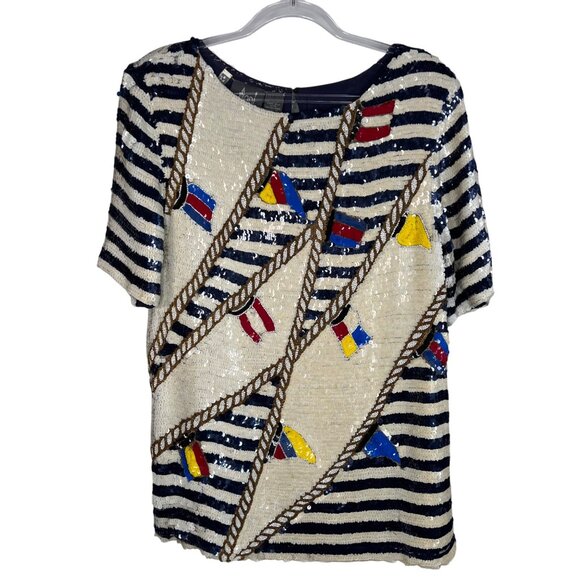 Vintage Modi Sequin & Silk Nautical Top Size Small 6 - 8 - Picture 1 of 11
